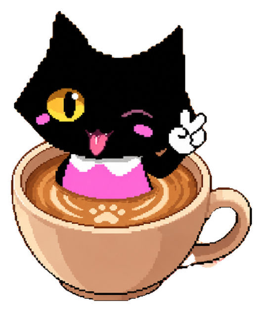 Meowchiato, a black pixel-art cat sitting in a latte cup, winking and holding up a peace sign