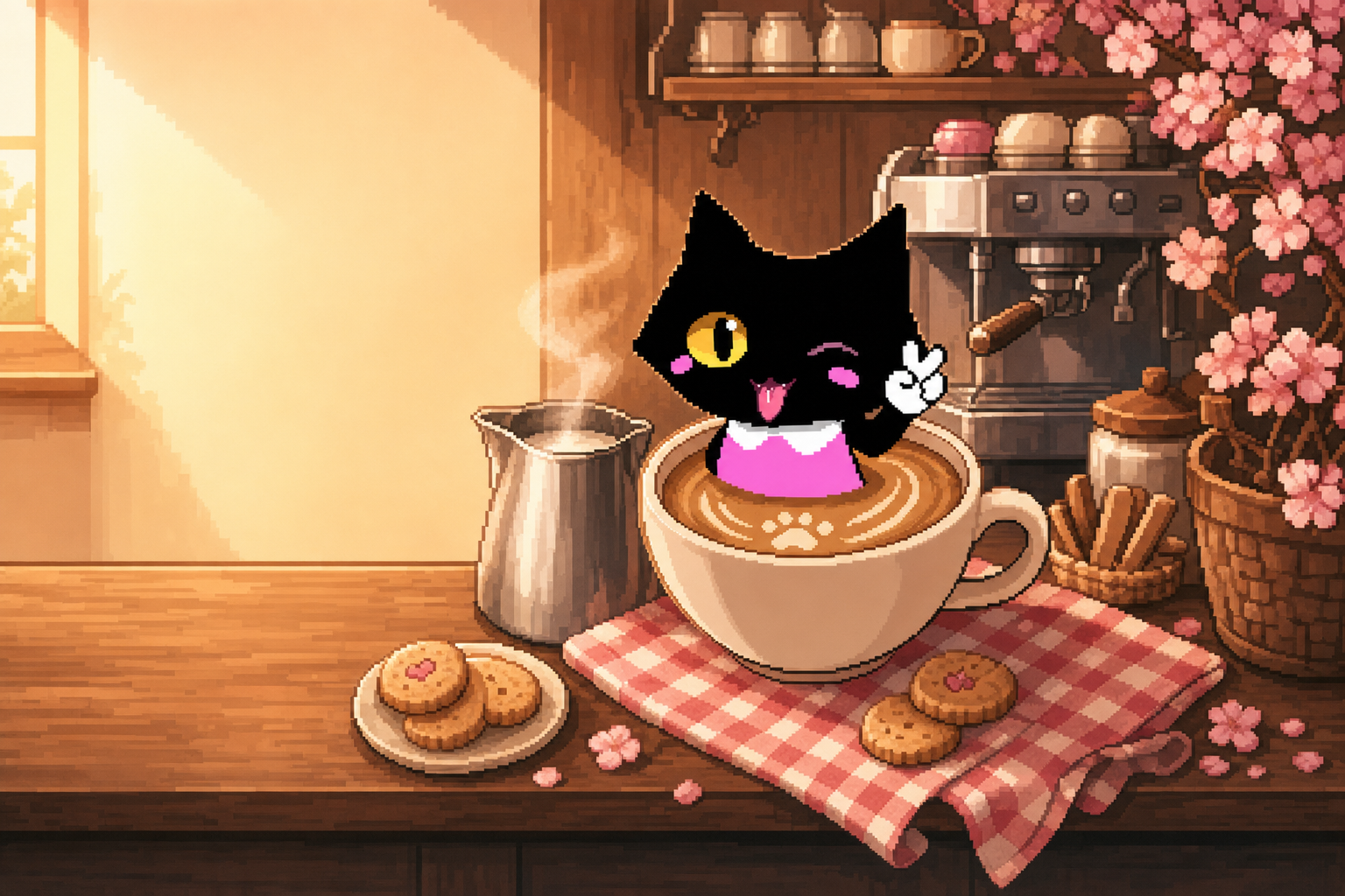 Meowchiato in her cup on a sunny café counter beside a milk pitcher, biscuits and pink blossoms